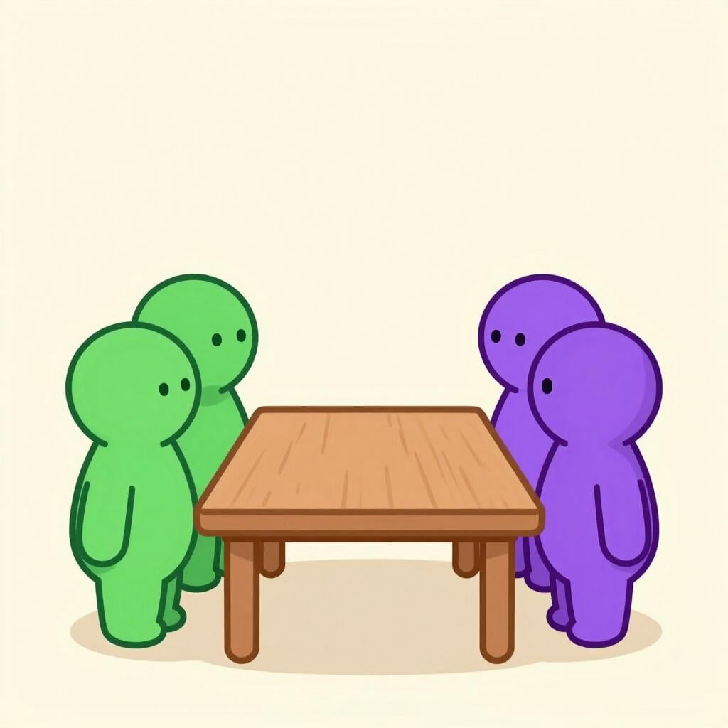 Two distinct groups of cartoon figures facing each other across a table, symbolizing opposing parties in a negotiation.