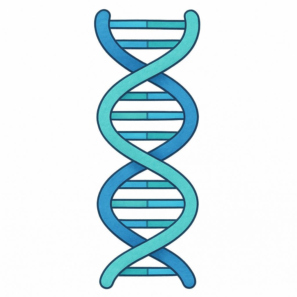 A simplistic illustration of a spiraling double helix structure, colored blue and green, representing a DNA molecule.