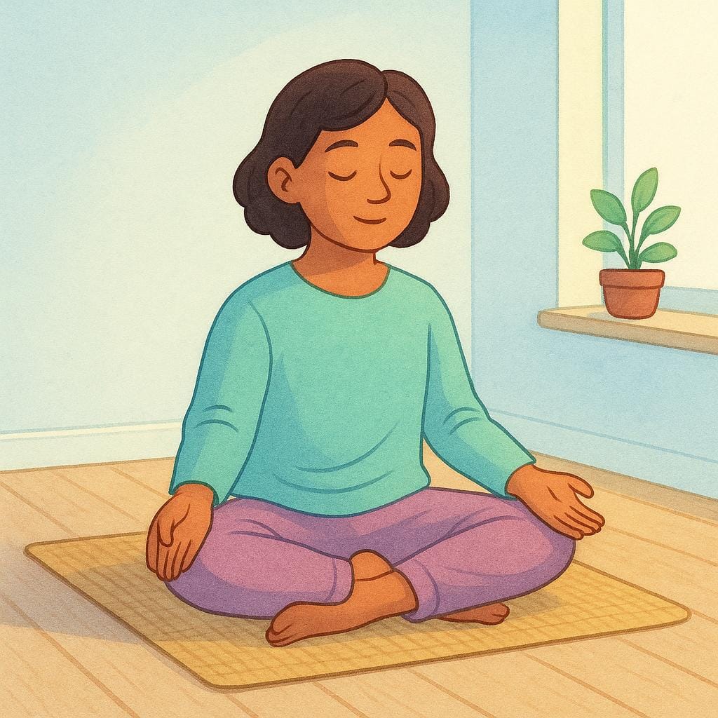 Uma pessoa sentada em posição de lótus em uma sala silenciosa e iluminada pelo sol, meditando com os olhos fechados, representando a observância de um costume.