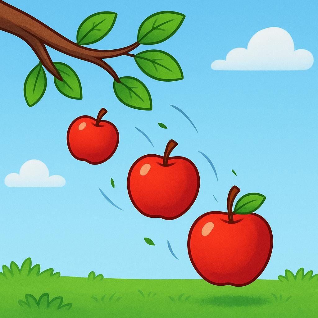Trois pommes rouges tombant simultanément d'une branche d'arbre vers le sol herbeux.