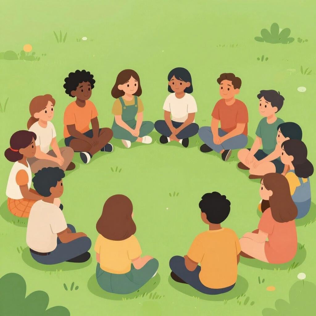 Un groupe diversifié de personnes assises en cercle sur une pelouse de parc, discutant et souriant ensemble.