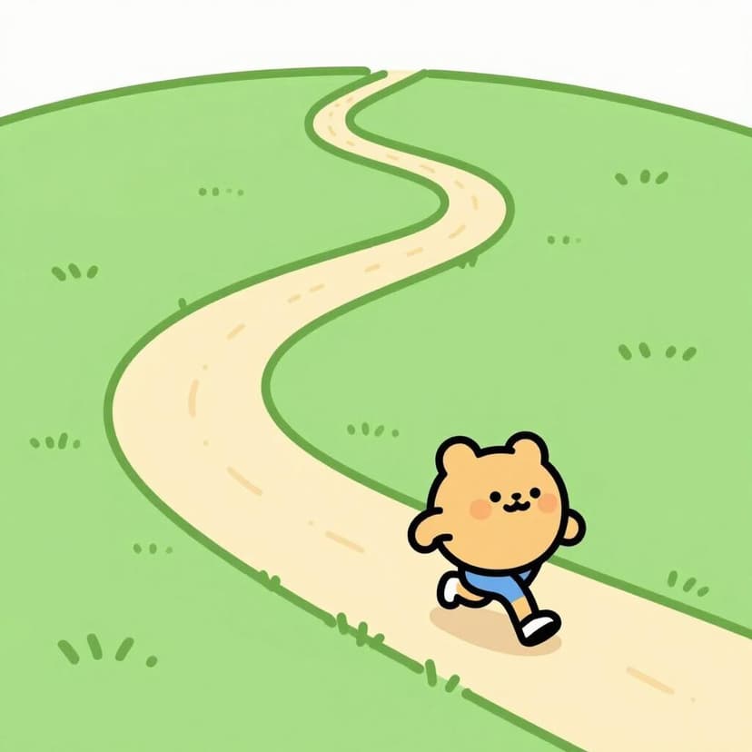A cartoon character happily jogging along a winding path that stretches far into the distance, symbolizing the continuation of an activity.