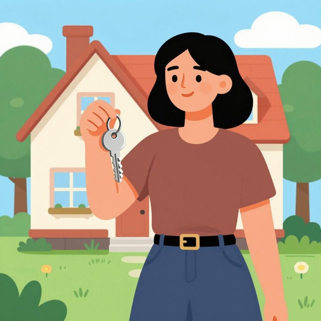 A friendly woman standing in front of a small apartment building holding a set of keys.