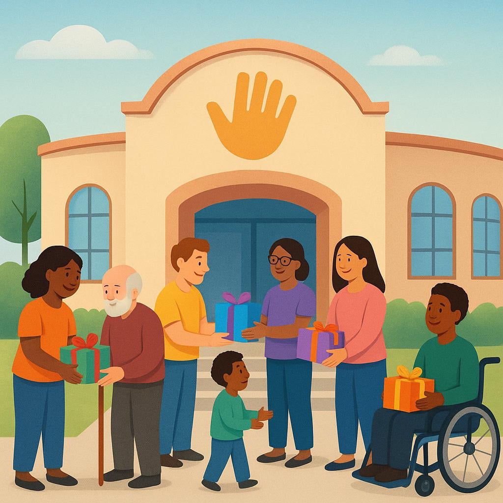 A brightly colored scene showing smiling volunteers handing out supplies to community members in front of a substantial, welcoming building marked with a universal symbol of aid.