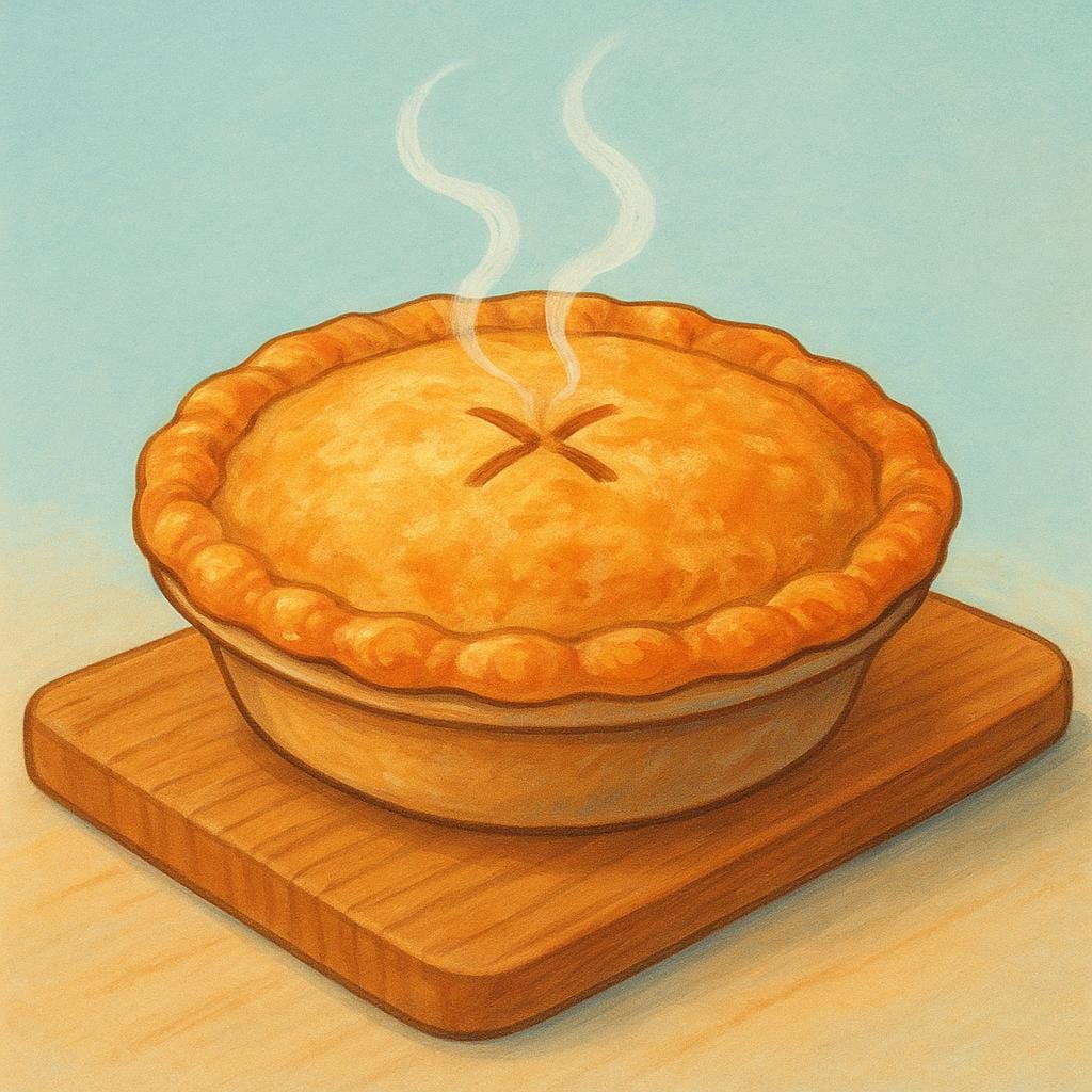 A savory, deep-dish pot pie with a golden, flaky crust, placed on a wooden cutting board.