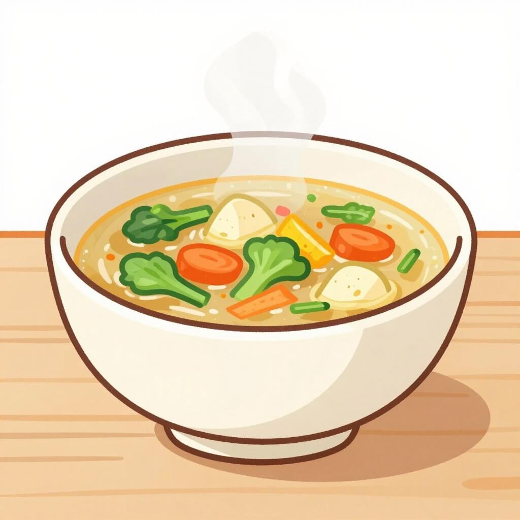 A large, colorful ceramic bowl filled with warm soup sitting on a wooden table.