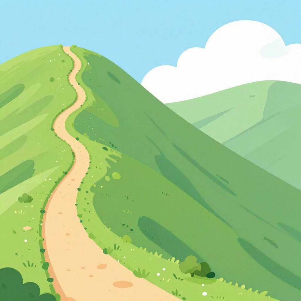 A winding path that goes up a steep hill and then down into a valley.