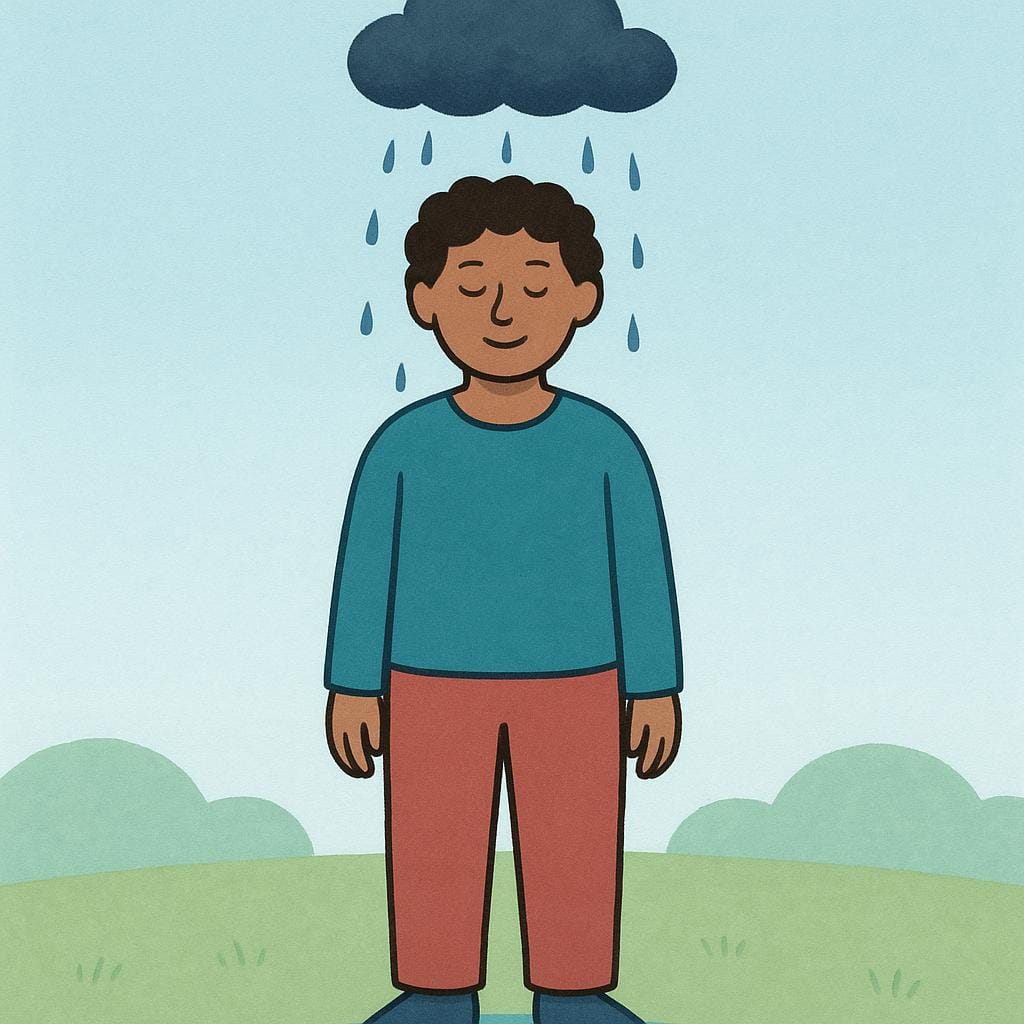 A simplified illustration of a person standing calmly, enduring a small, persistent rain cloud that is only raining directly on their head.