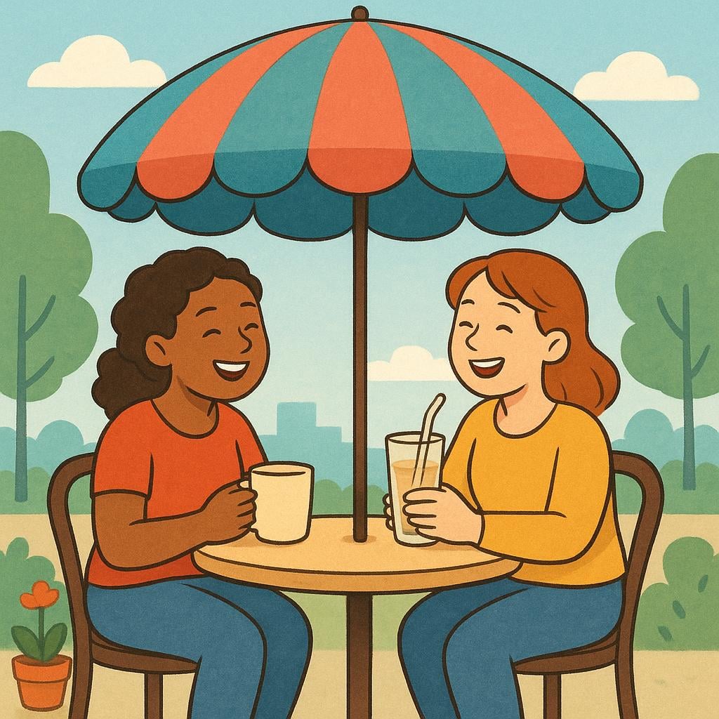 Two friends are sitting happily at an outdoor cafe table, laughing and enjoying a social outing.