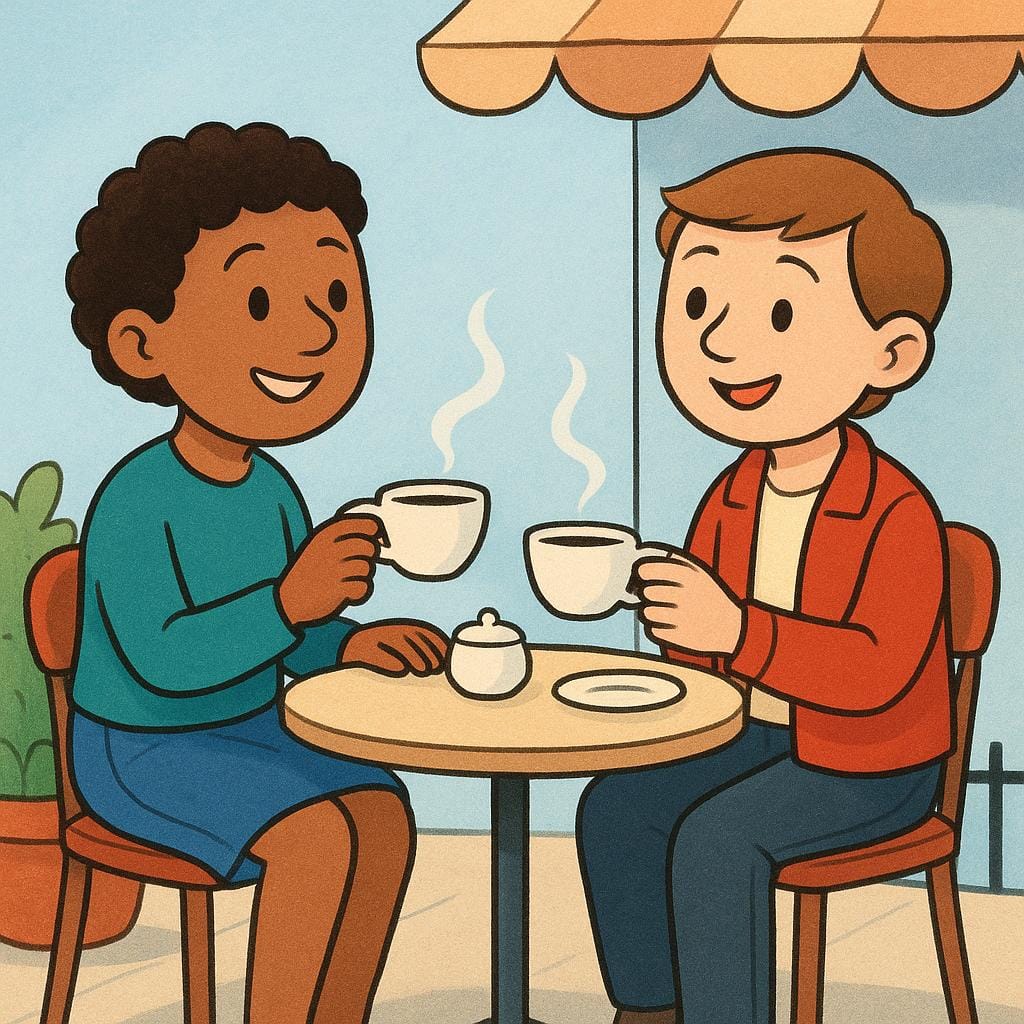 Two friends sitting at a small outdoor cafe table, laughing and enjoying coffee together, depicting a social outing.