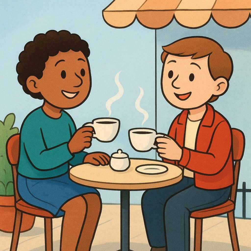 Two friends sitting at a small outdoor cafe table, laughing and enjoying coffee together, depicting a social outing.