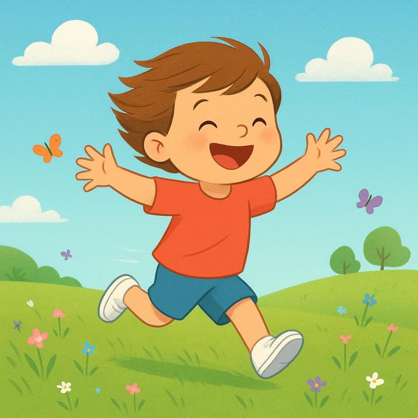 A happy child running through a sunny green meadow with their arms open, symbolizing a wish for a good life.