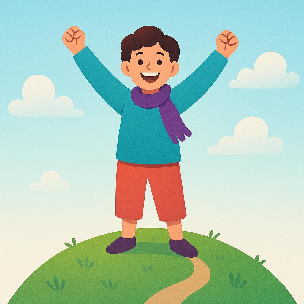 Een triomfantelijk figuur staand op een heuveltop met opgeheven armen, wat het bereiken van een doel symboliseert.