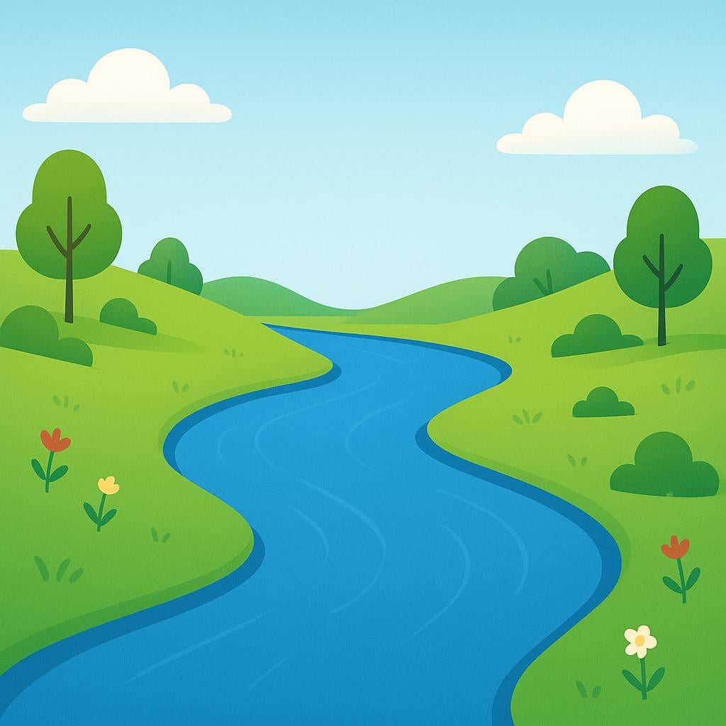 A wide, winding blue river flowing through a lush green valley under a bright sunny sky.