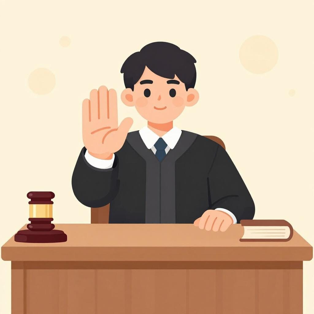 A judge in a black robe holding up a hand in a 'stop' gesture to reject a proposal.