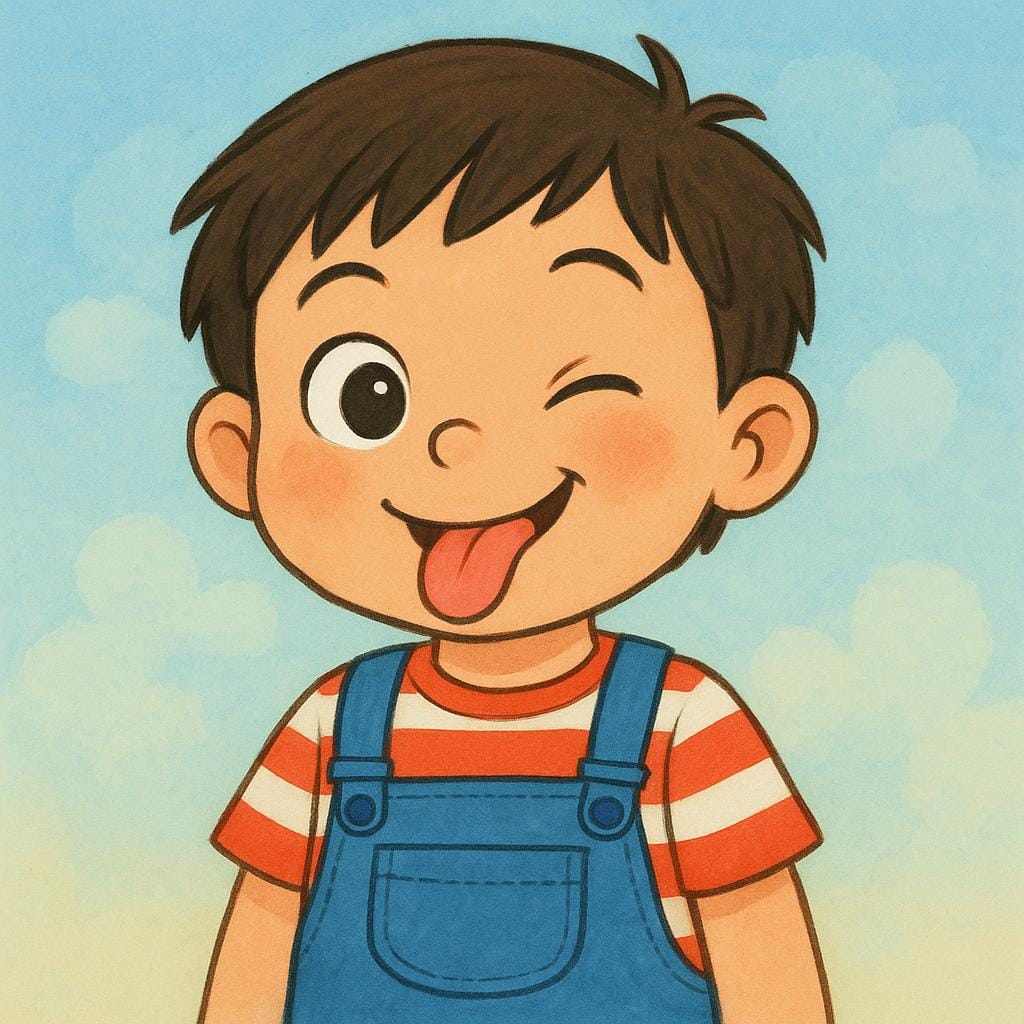 A cartoon illustration of a young child with pigtails making a playful, cheeky expression by sticking out their tongue and winking.