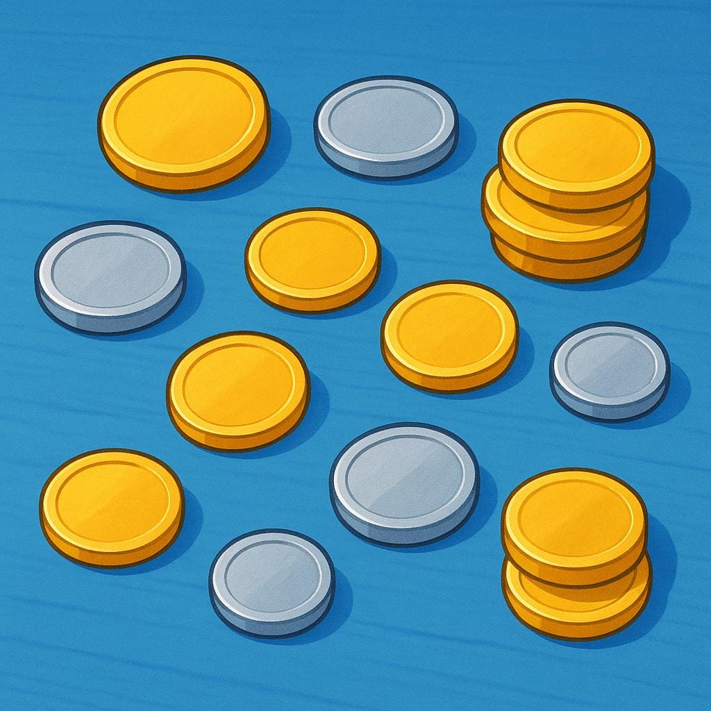 A small pile of various gold and silver coins scattered casually on a flat surface, representing loose change.