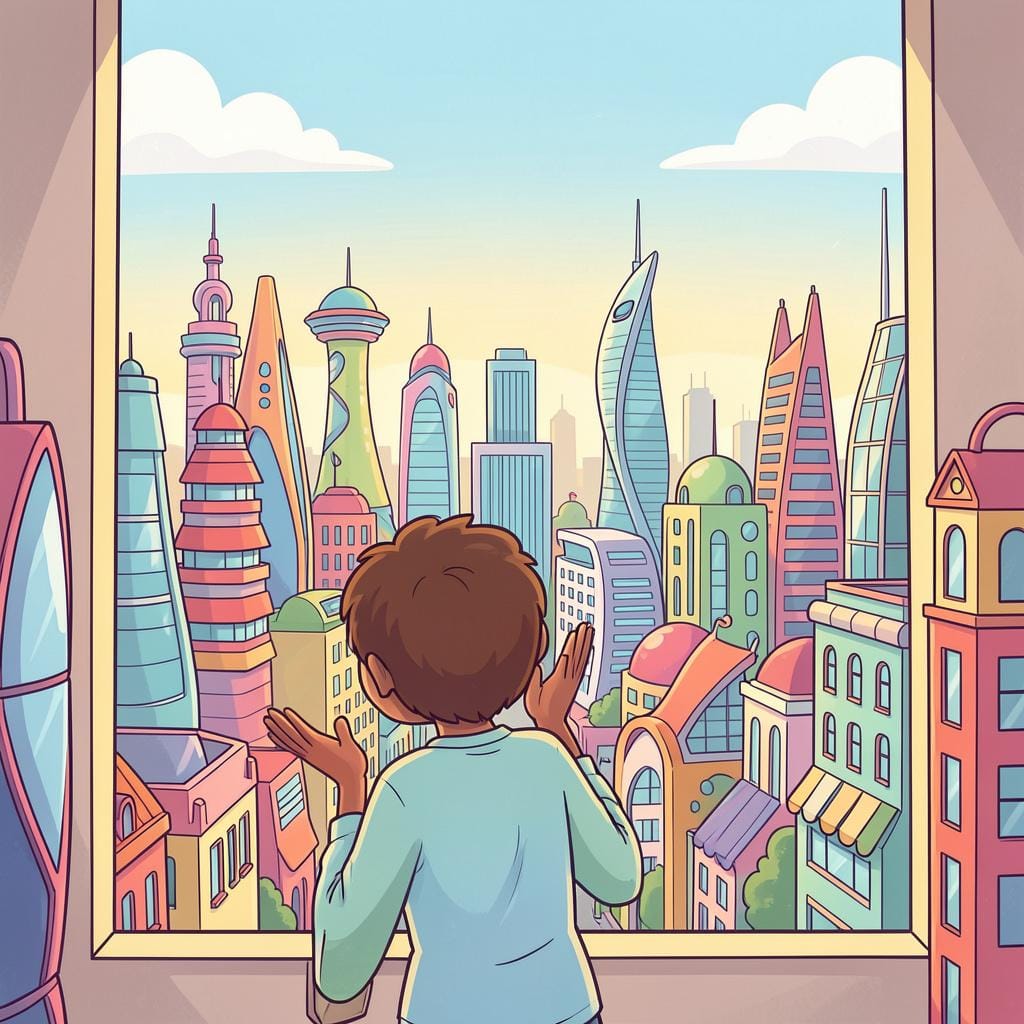 A person standing in front of a futuristic city silhouette, looking forward with a look of inspiration.