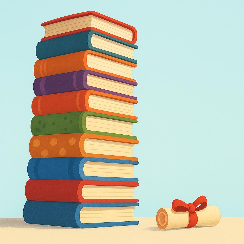 A very tall stack of colorful books standing next to a single, small, rolled-up parchment scroll tied with a red ribbon.