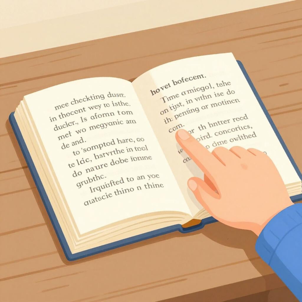 A person pointing their finger at a specific page in a large open book.