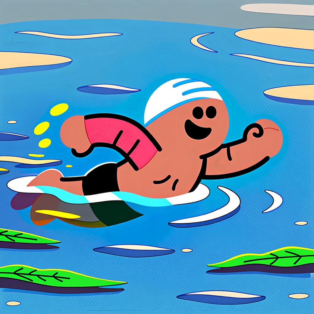 A cheerful, simplified character swimming easily and confidently with perfect form in a bright blue body of water.