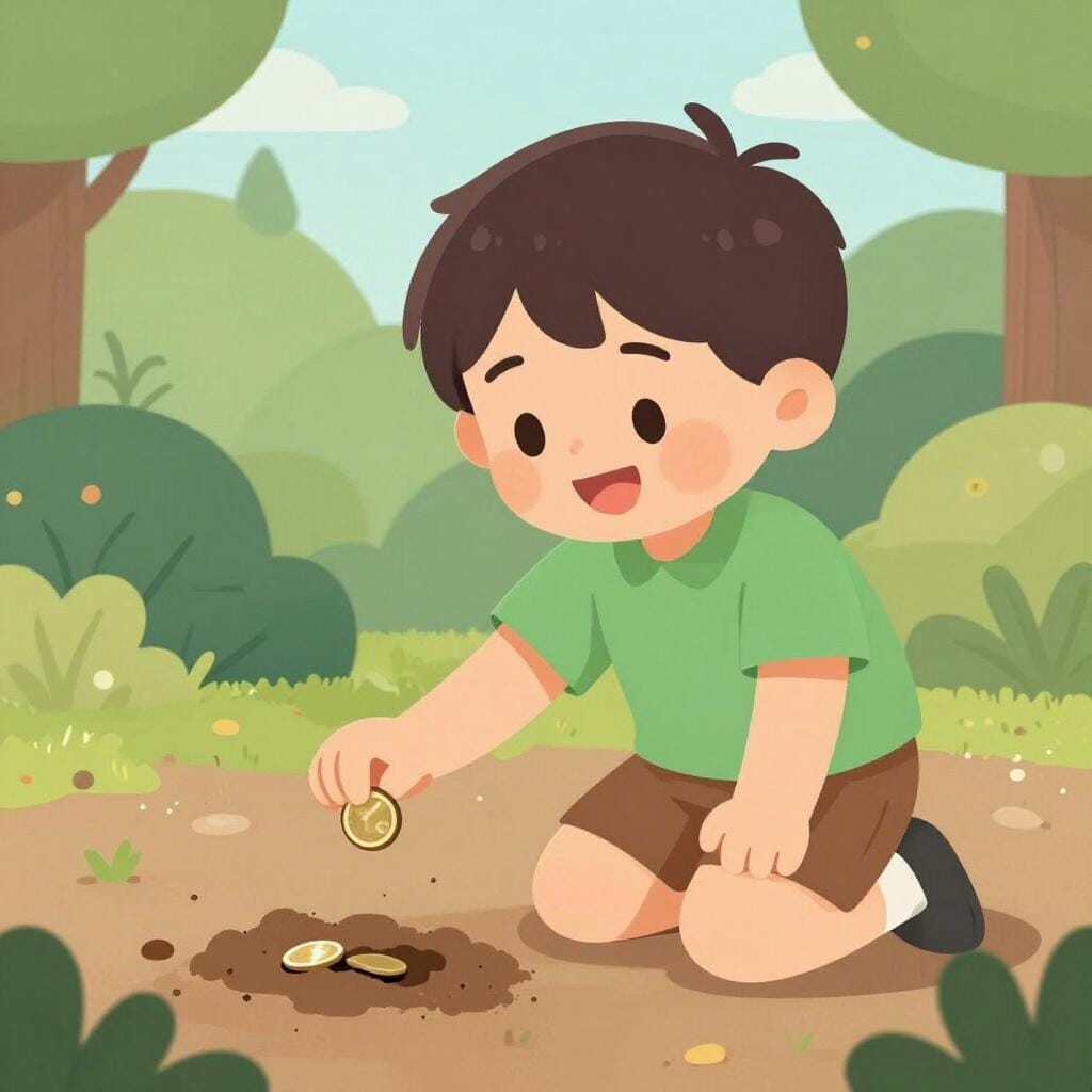 庭でひざまずき、土の中から見つけたピカピカの小さな失われたコインを掲げている幸せそうな子供。