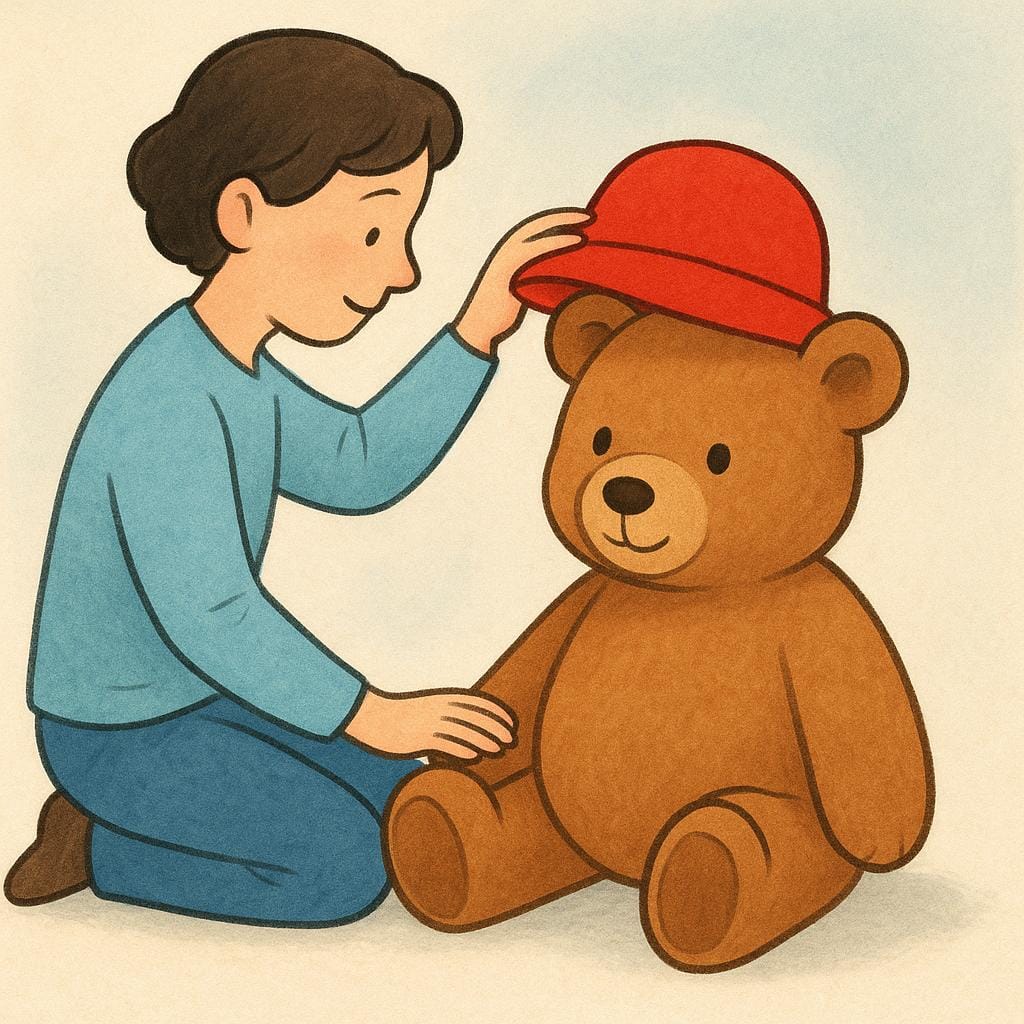 Une illustration colorée d'un enfant plaçant soigneusement un chapeau rouge vif sur un ours en peluche, symbolisant le placement physique.