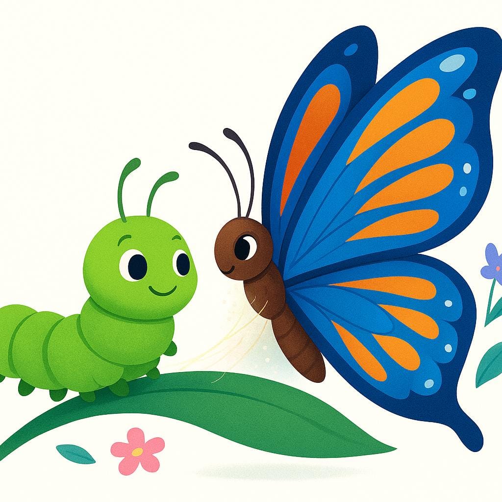 A large green caterpillar is shown halfway through transforming into a vibrant blue and orange butterfly, symbolizing a change in state.