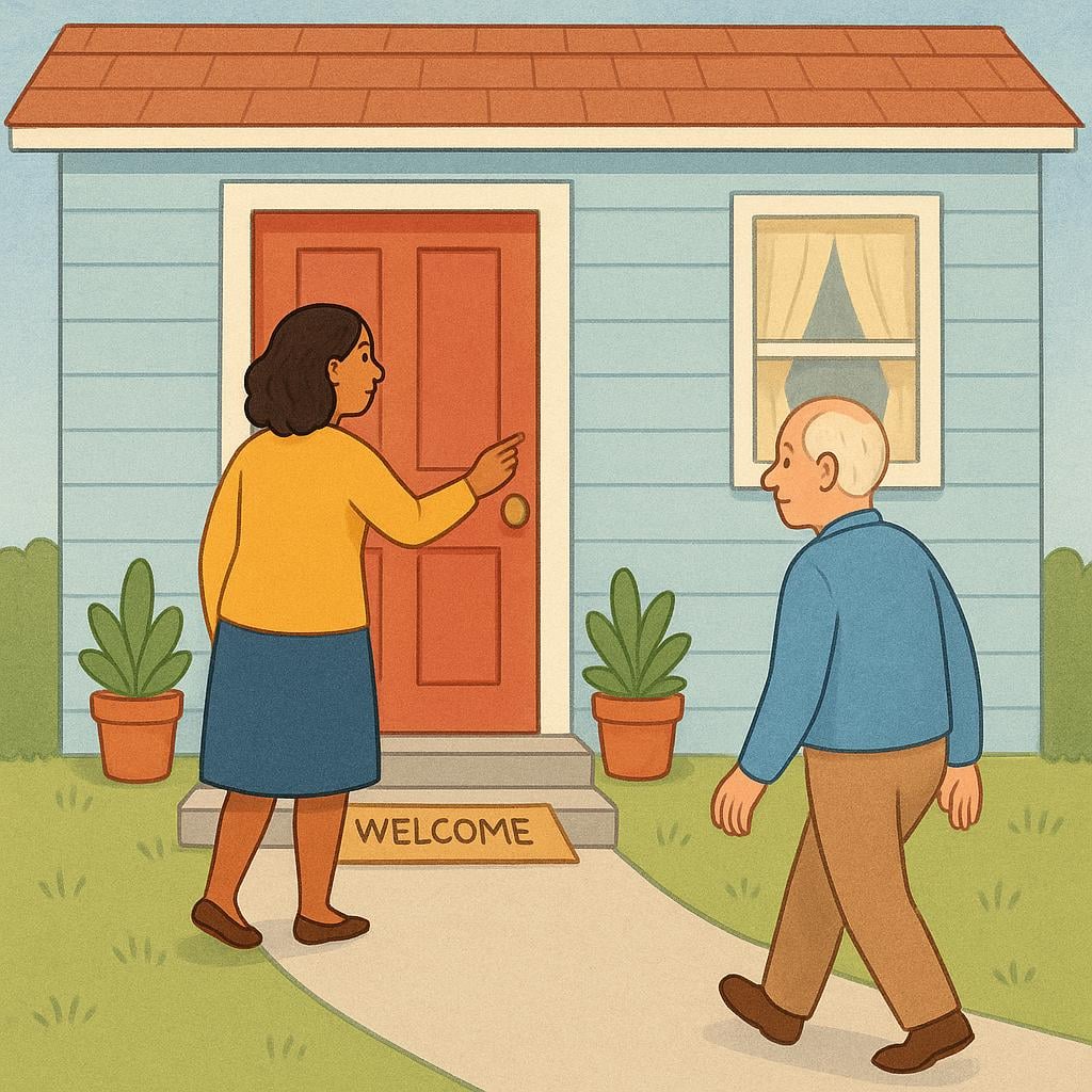 A colorful storybook illustration showing two distinct people arriving at the front door of a welcoming house, one person slightly behind the other, illustrating multiple acts of arrival.