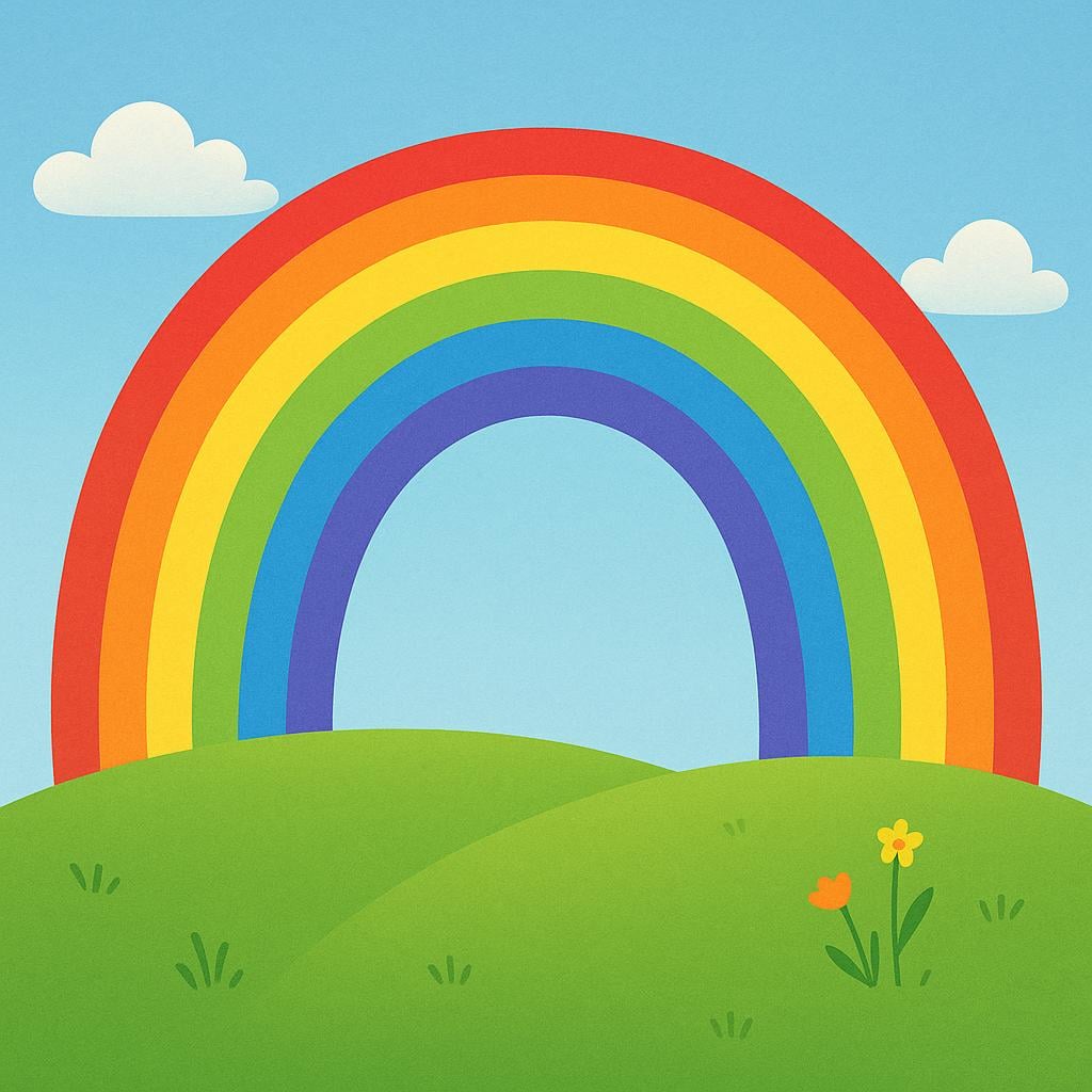 A bright, colorful rainbow arcing over a lush green hillside under a clear blue sky, illustrating a natural event.