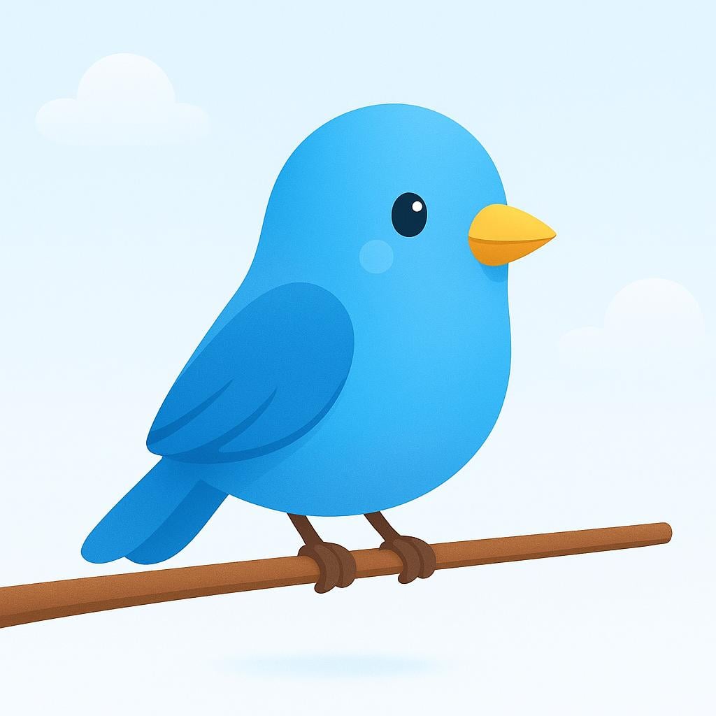 A simplified illustration of a small blue songbird perched on a thin brown branch.