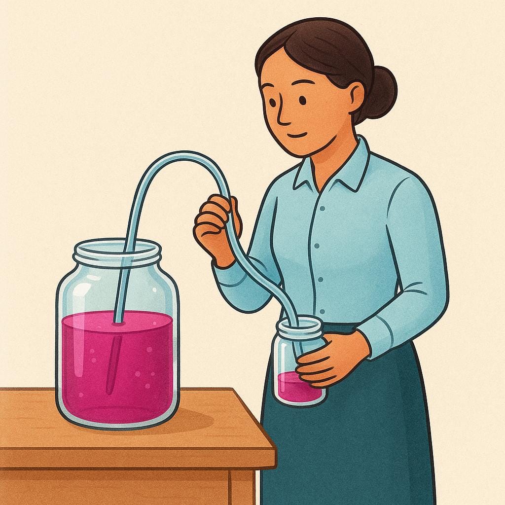 Un'illustrazione in stile libro di fiabe che mostra una figura che usa attivamente una semplice pompa per sifonare un liquido dai colori vivaci (che rappresenta risorse) da un grande contenitore pieno in un piccolo contenitore quasi vuoto che tiene in mano.