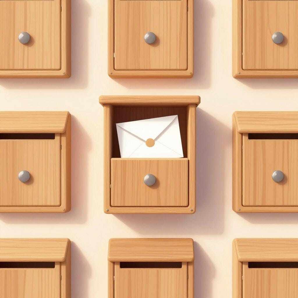 Un mur de petites boîtes aux lettres en bois avec une lettre dépassant d'une d'elles.