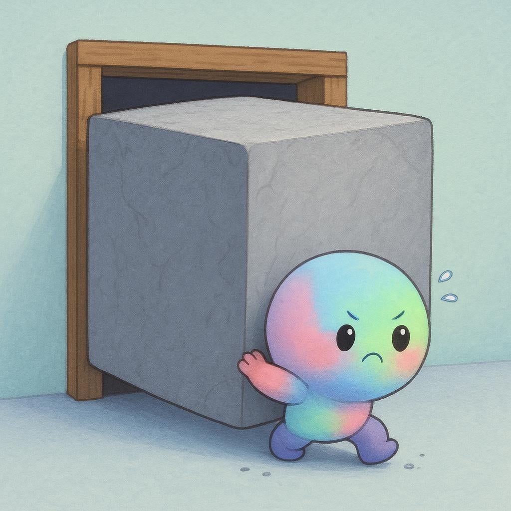 A small cartoon person trying to push a huge, immovable stone block blocking a path, illustrating a task that cannot be done.
