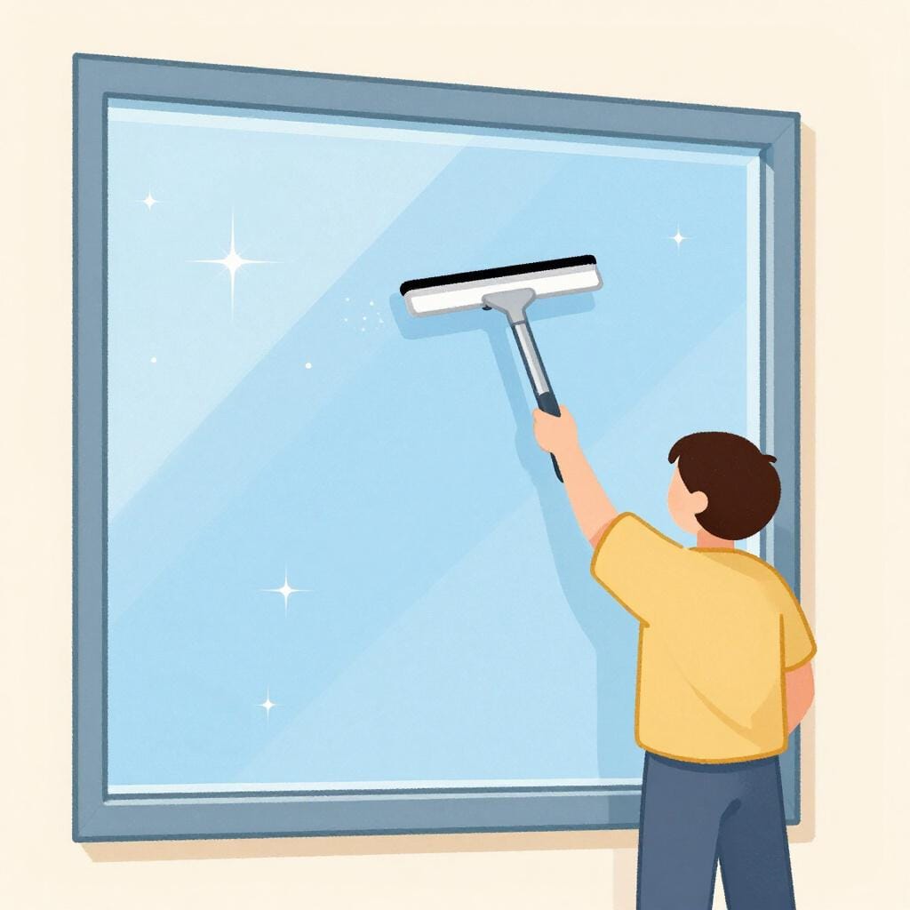 A person holding a squeegee next to a sparkling, clear window.