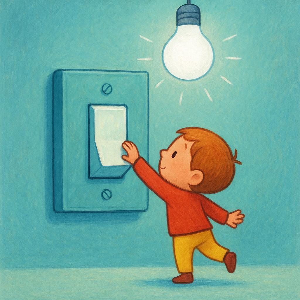 A stylized figure flipping a large, simple wall switch, causing a bright light bulb above it to instantly light up.