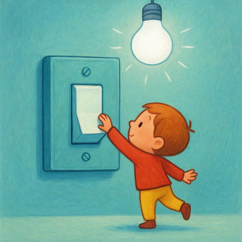 A stylized figure flipping a large, simple wall switch, causing a bright light bulb above it to instantly light up.