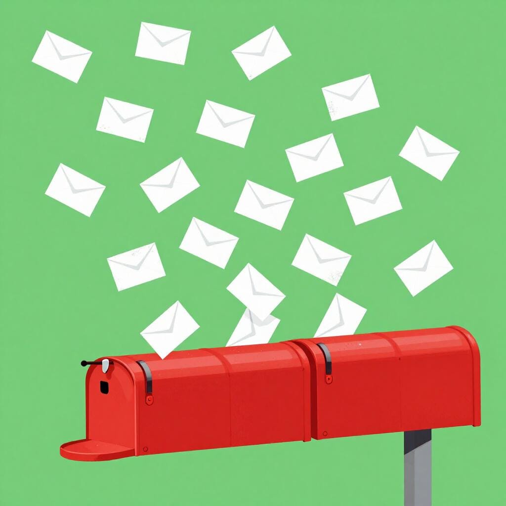 A row of several identical red mailboxes with many envelopes being delivered into them one after another.