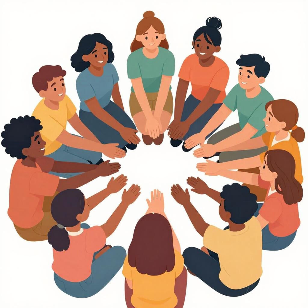 A group of diverse people sitting in a circle, all smiling and nodding while placing their hands together in the center.
