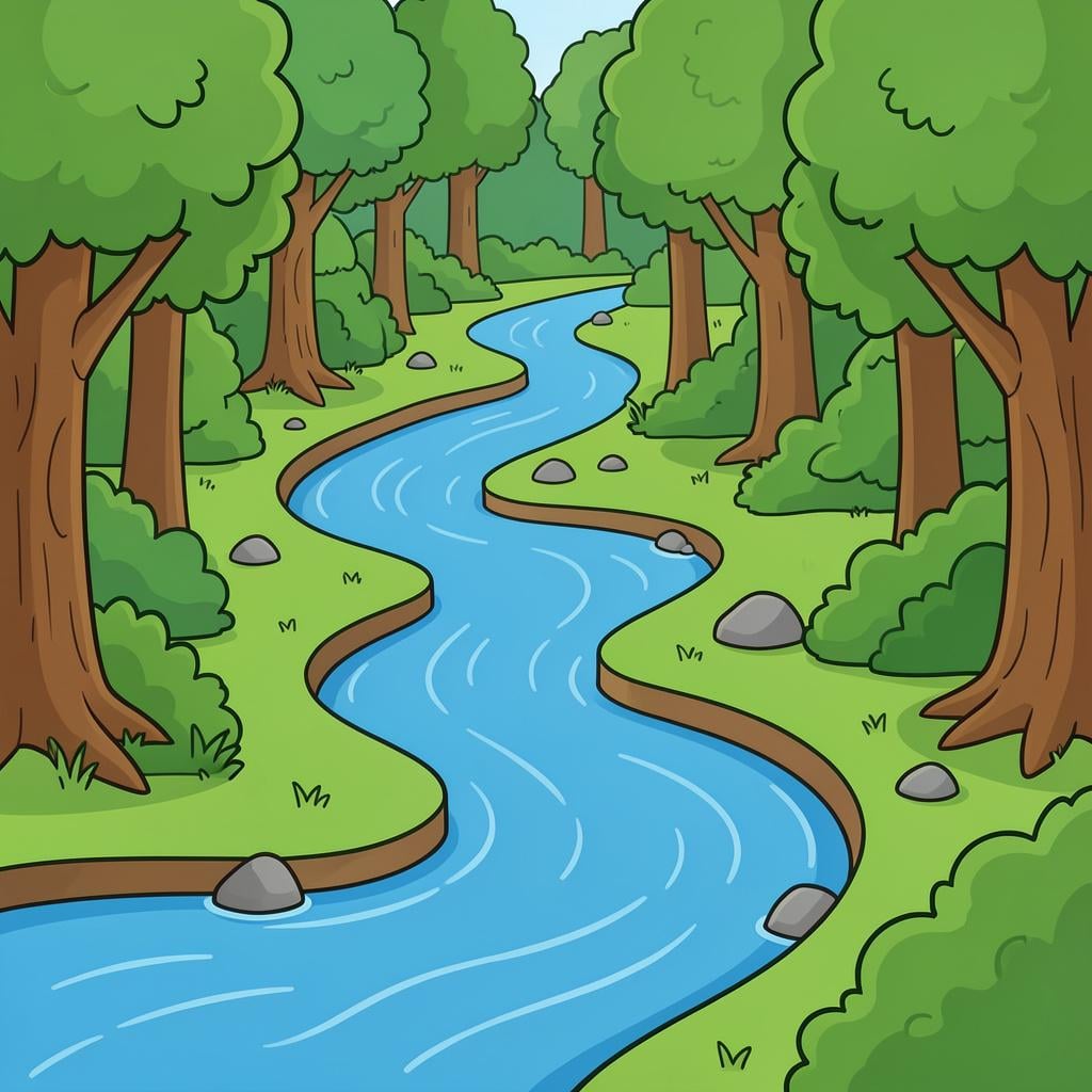 A clear blue river flowing smoothly over stones in a forest.