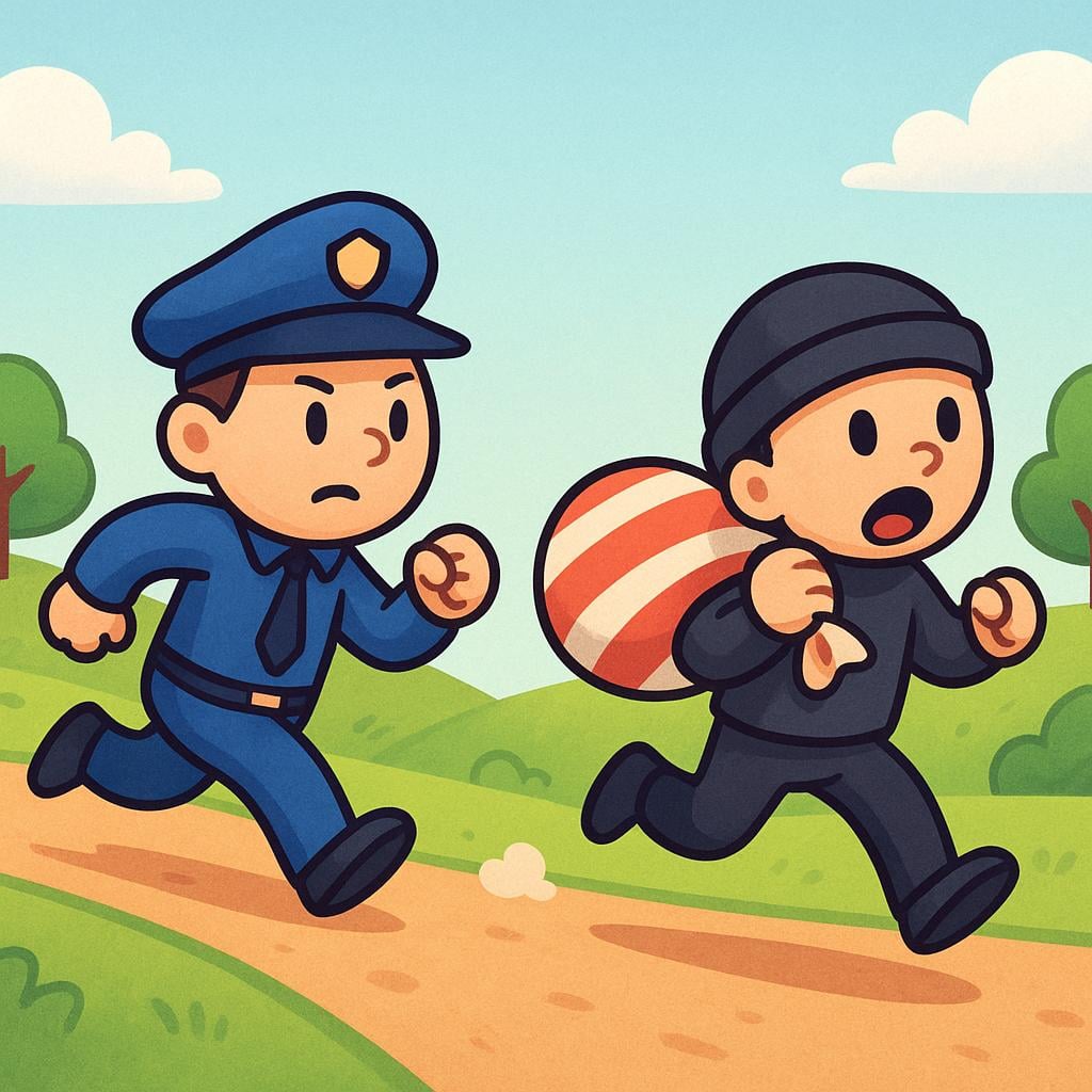 A simple cartoon figure dressed as a police officer running quickly in pursuit of another figure carrying a bag.