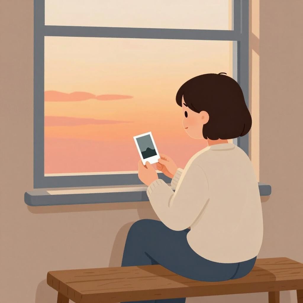A person sitting by a window, looking out at a distant sunset with a thoughtful expression, holding an old photograph.