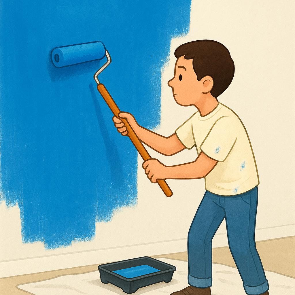 ローラーブラシで大きな明るい青色の壁を塗っている人が描かれたシンプルな絵本風のイラスト。進行中の動作を示しています。