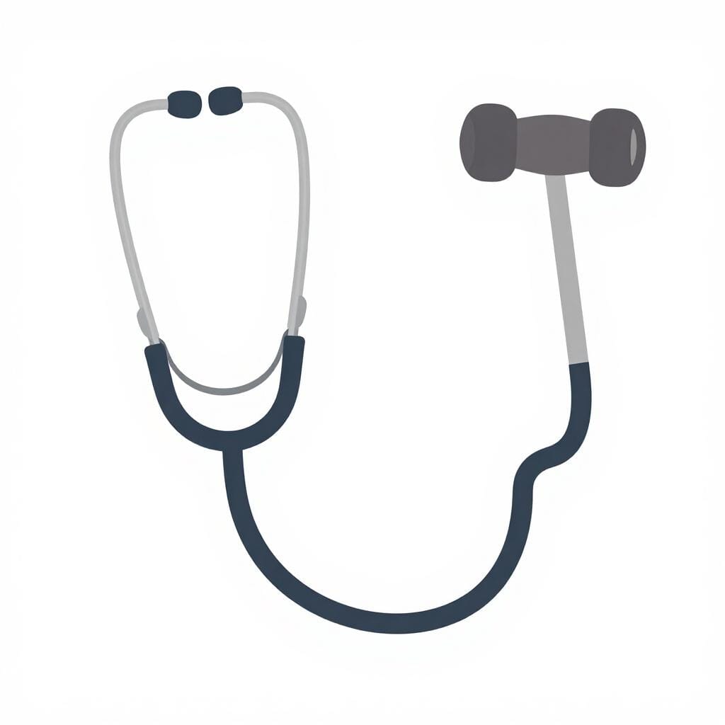 A collection of silver medical tools like a stethoscope and a reflex hammer arranged neatly.