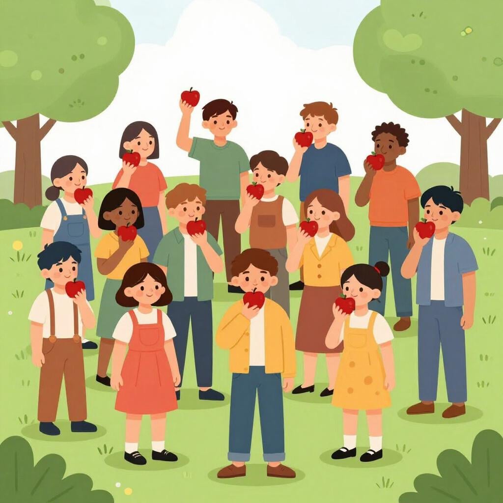 A colorful storybook illustration showing a large group of diverse people all holding and eating the same type of red apple.