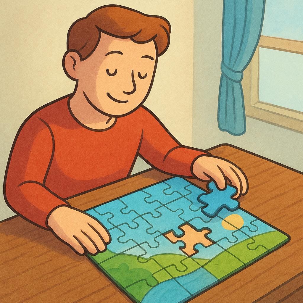 Un'illustrazione colorata di una persona che sorride mentre posiziona l'ultimo pezzo di un puzzle completamente completato su un tavolo.