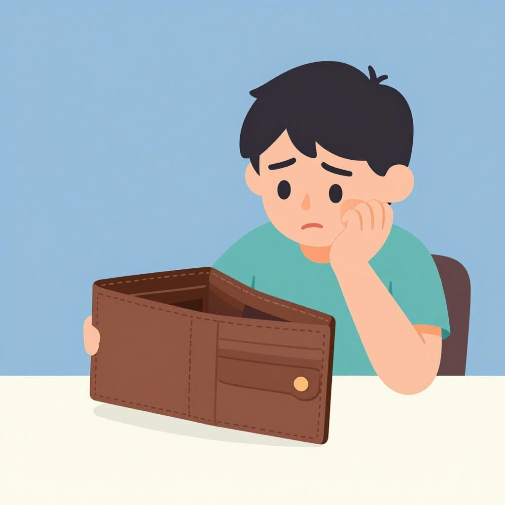 Eine Person, die traurig in eine leere Brieftasche schaut.