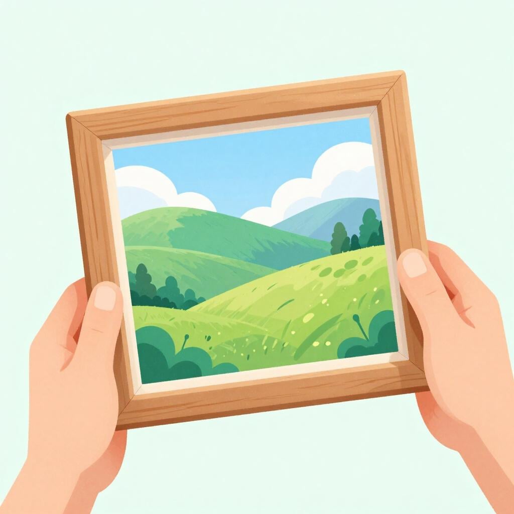 Handen die een houten lijst om een schilderij van een landschap plaatsen.