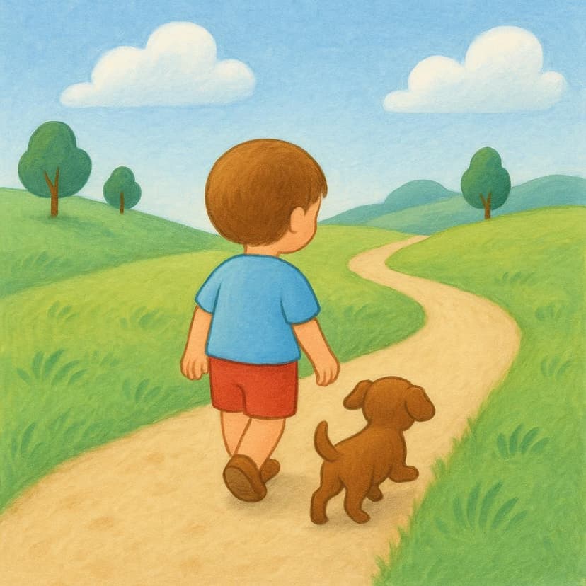 A small brown dog diligently walking a short distance directly behind a young child on a winding dirt path.