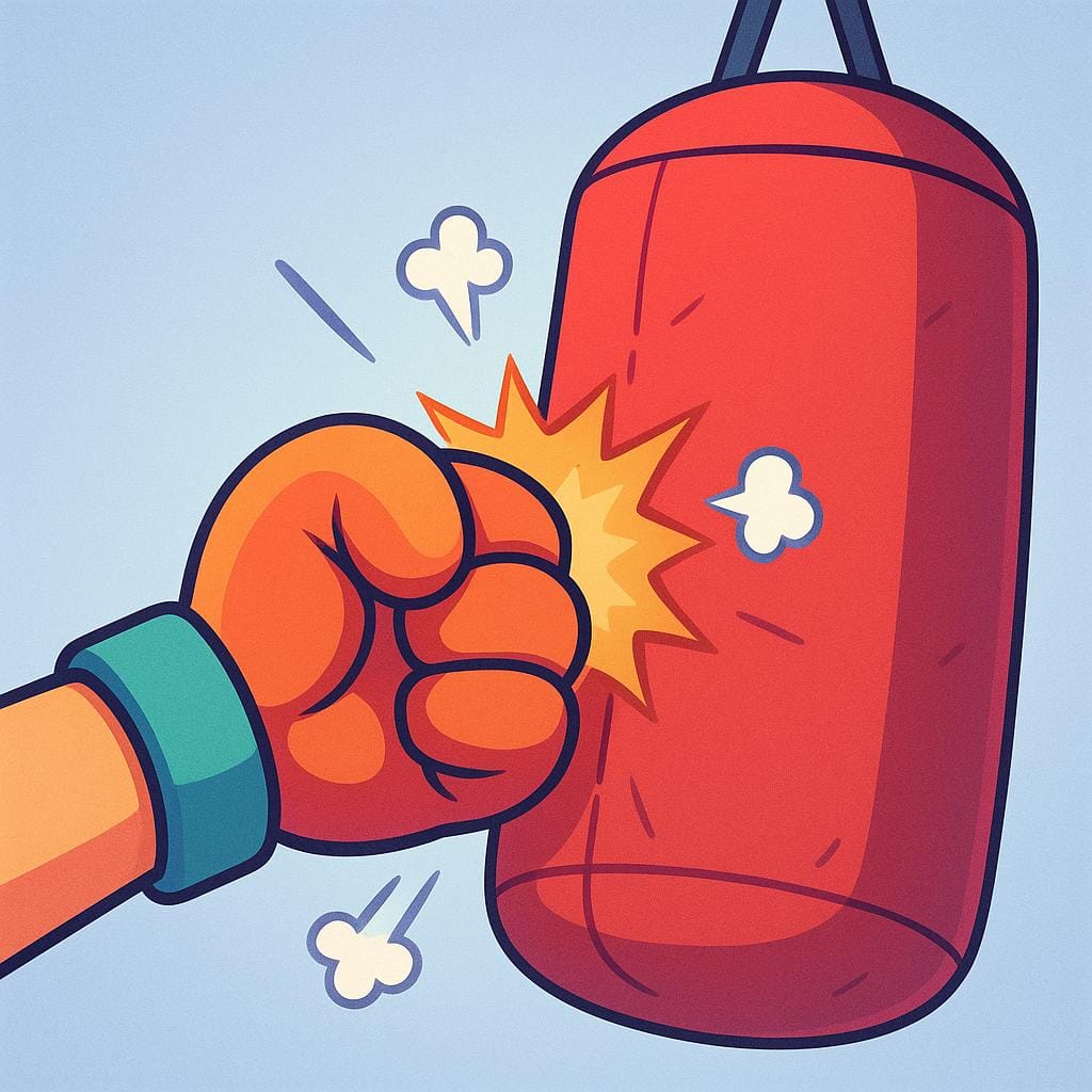 A vibrant illustration of a human fist hitting a soft, round punching bag, showing the moment of impact.